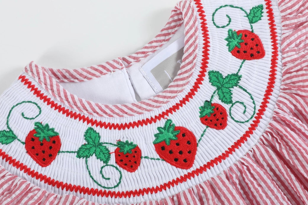 Red Seersucker Strawberry Smocked Romper  - Doodlebug's Children's Boutique