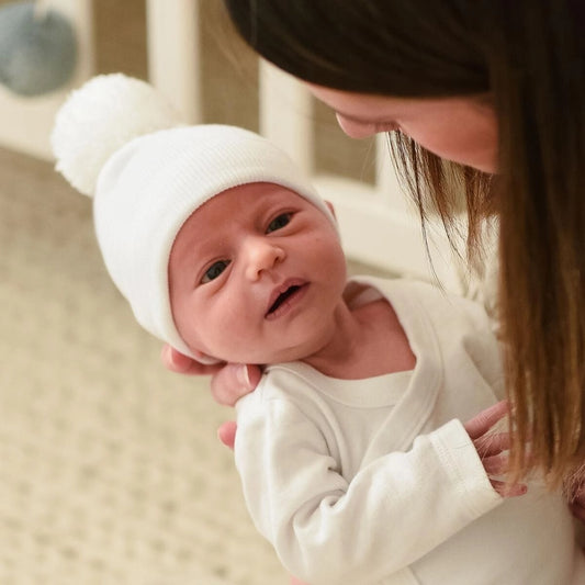 White  Pom Newborn Hospital Hat  - Doodlebug's Children's Boutique