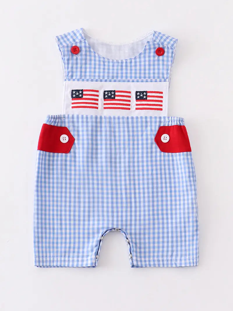 Flag Patriotic Embroidery Plaid Boy JonJon  - Doodlebug's Children's Boutique