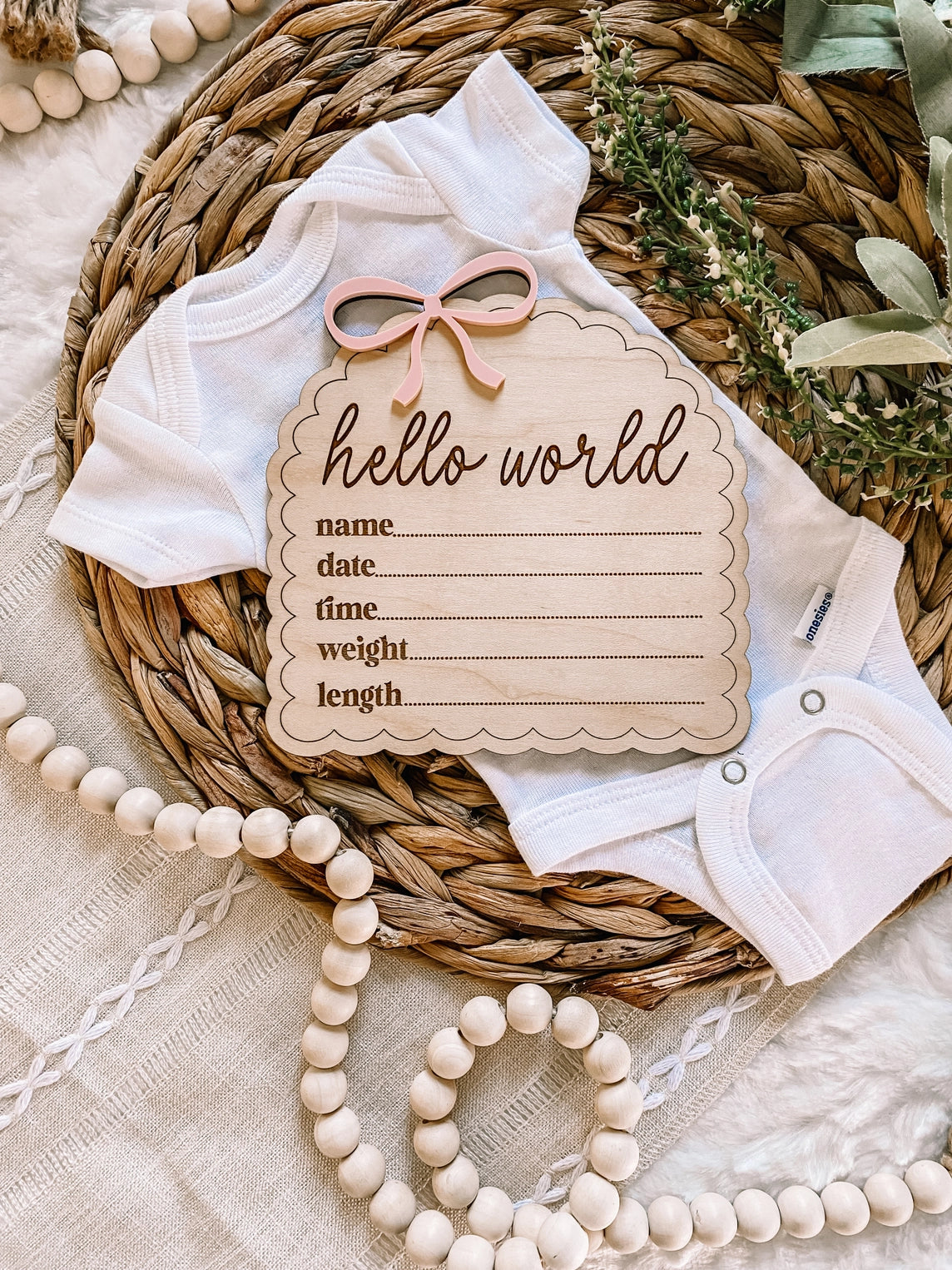 Blush Dainty Bow Hello World Wood Stat Plaque - Doodlebug's Children's Boutique