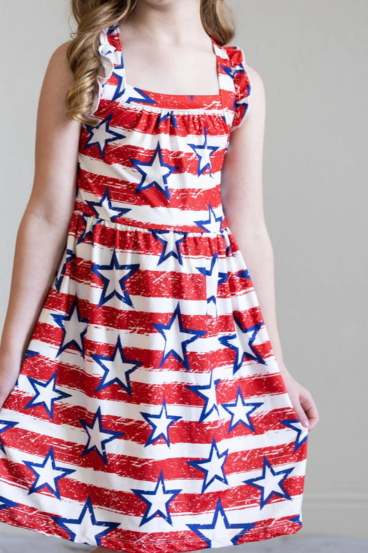 Stars and Stripes Ruffle Cross Back Dress  - Doodlebug's Children's Boutique