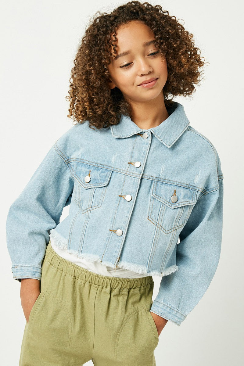 Cropped Frayed Hem Denim Jacket - Doodlebug's Children's Boutique