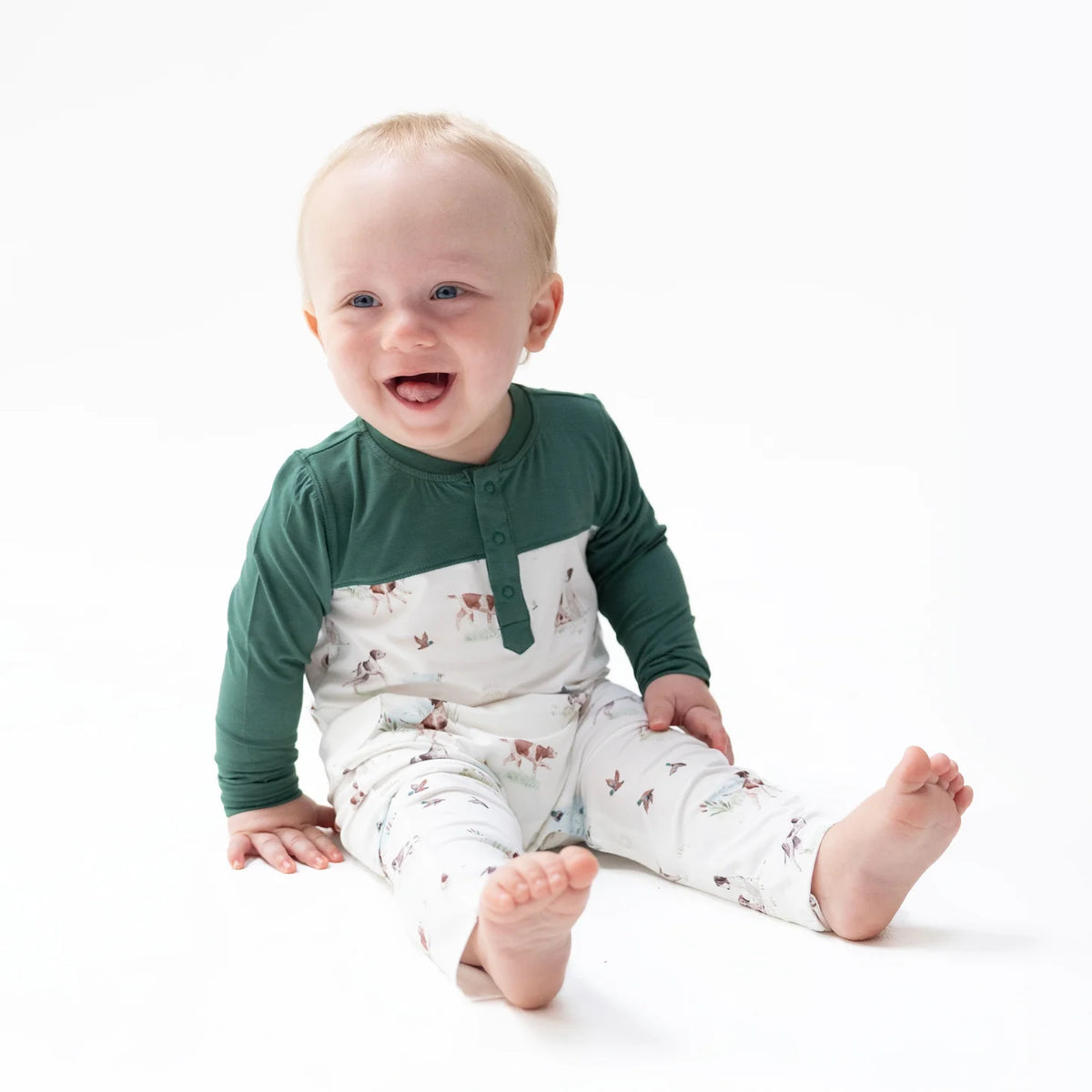 Pointer Pups & Duck Buddies Romper w/ Contrast Sleeves