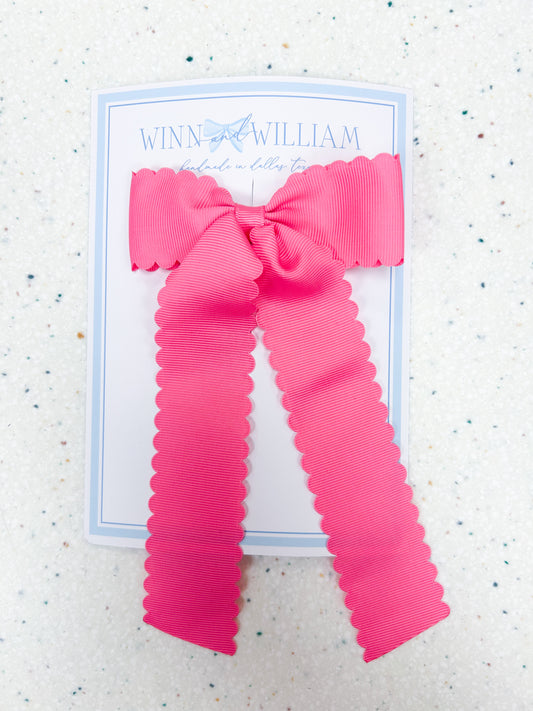 Bright Pink Scalloped Long-Tail Bow  - Doodlebug's Children's Boutique