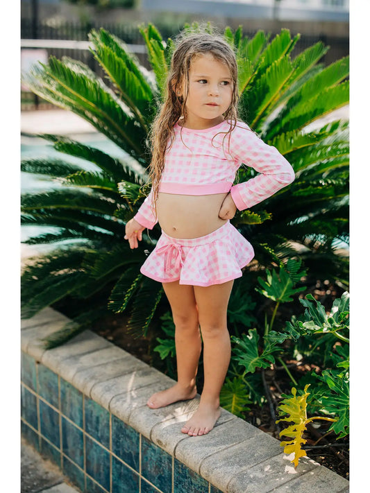 Skirt Bikini Swimsuit in Pink Gingham  - Doodlebug's Children's Boutique