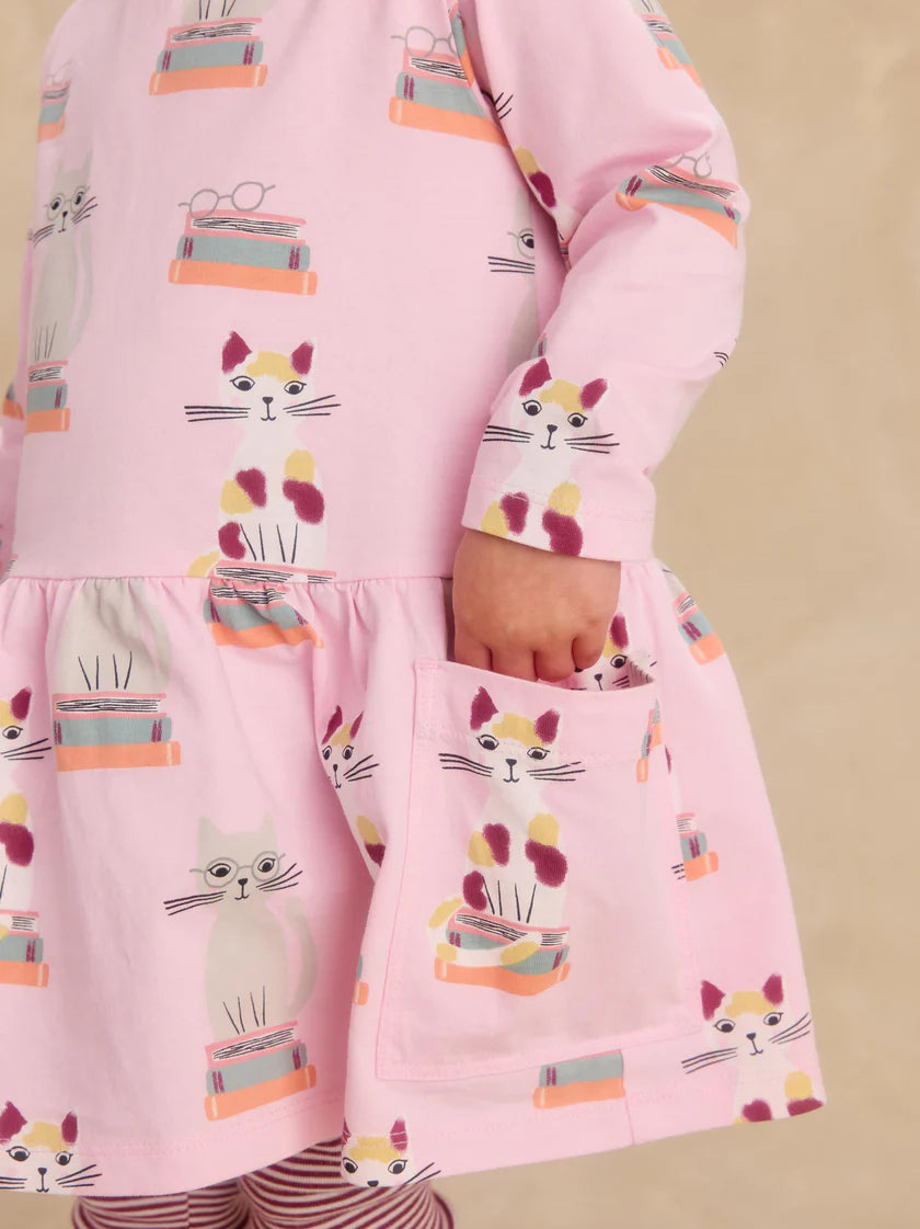 Long Sleeve Pocket Dress in Bookshop Cat