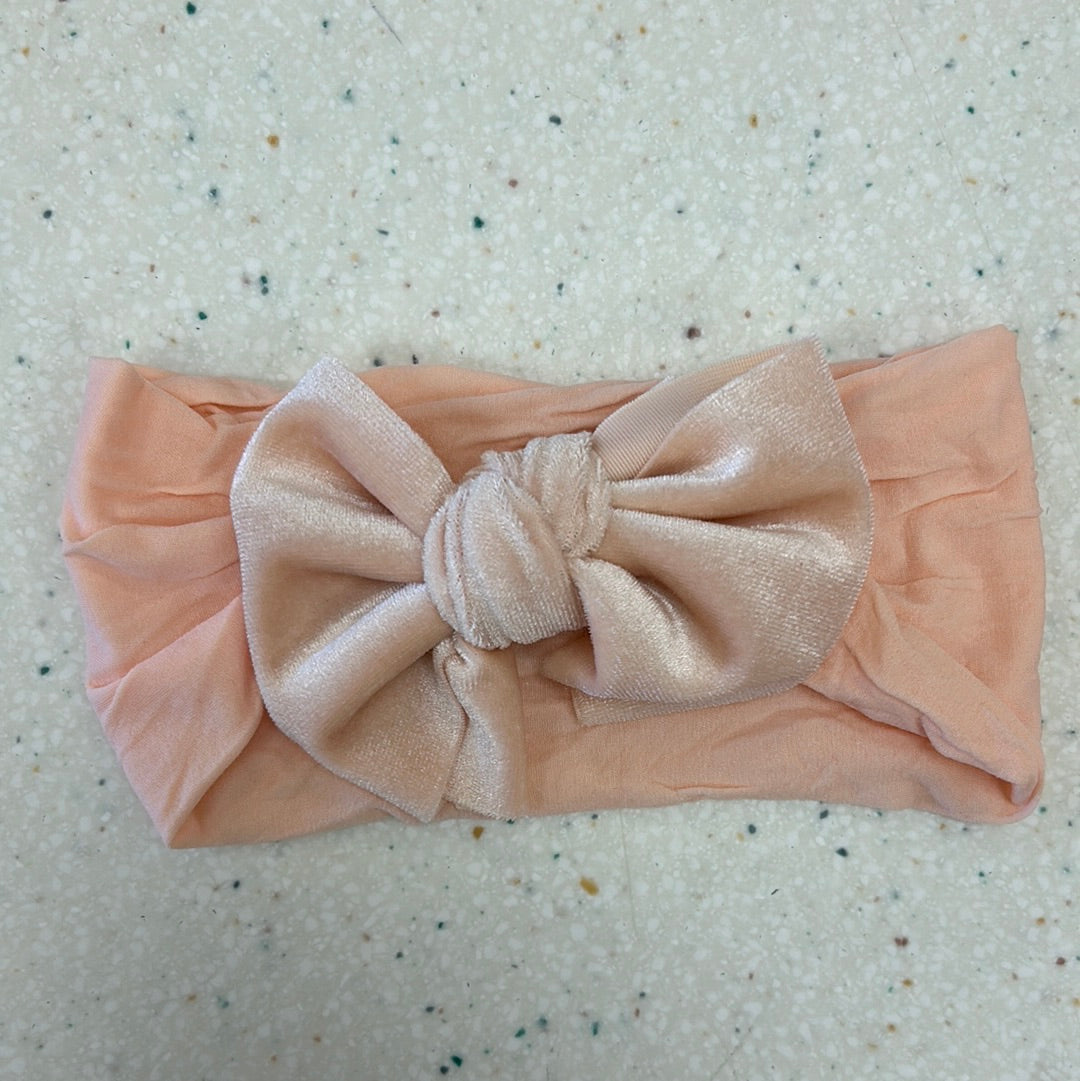 Wide Nylon Headband with Velvet Bow in Peach  - Doodlebug's Children's Boutique