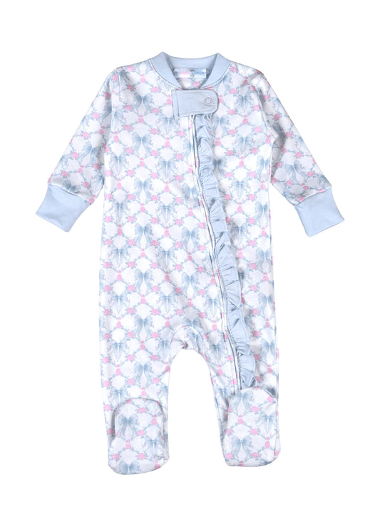Blue Coquettes Ruffle Zipper Footie - Doodlebug's Children's Boutique