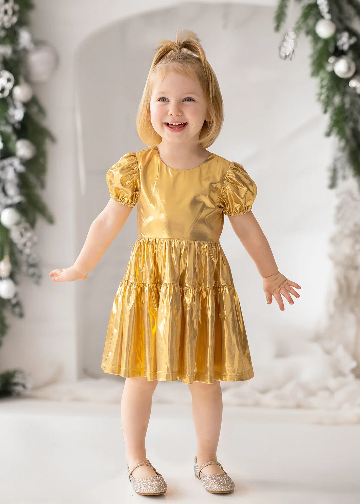 Ring a Ding Shimmery Gold Dress  - Doodlebug's Children's Boutique