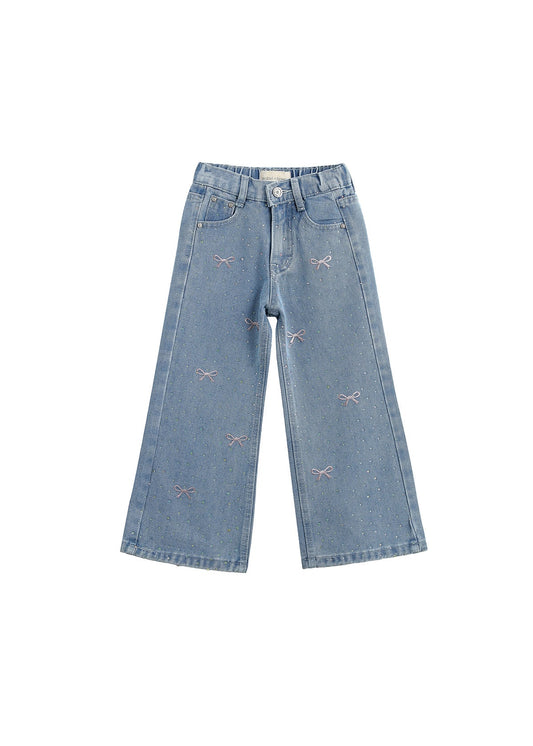 Bow Embroidered Rhinestone Wide Leg Jeans - Doodlebug's Children's Boutique