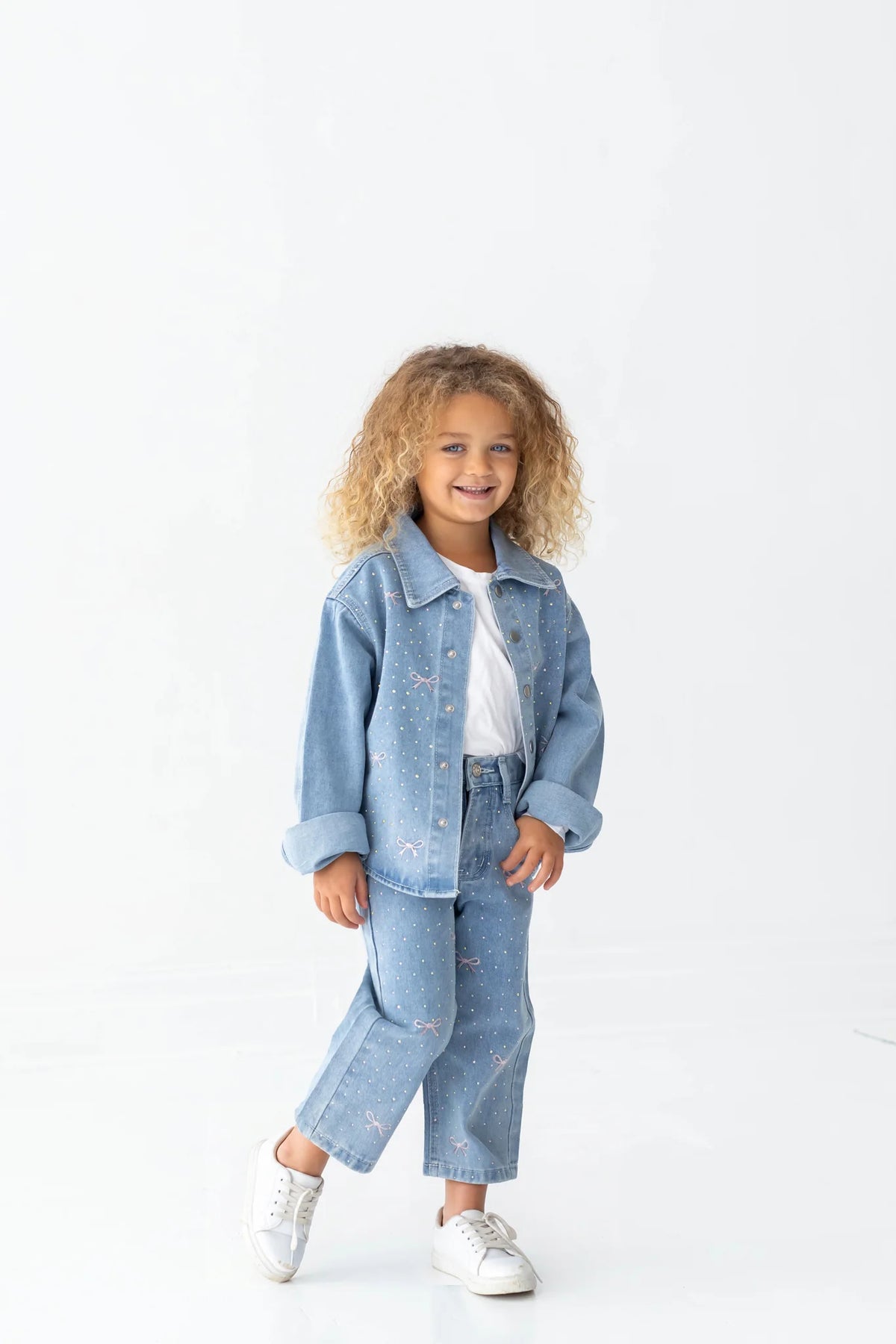 Bow Embroidered Rhinestone Wide Leg Jeans