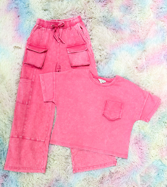 Pink Raw Edge Tee and Cargo Pants Set