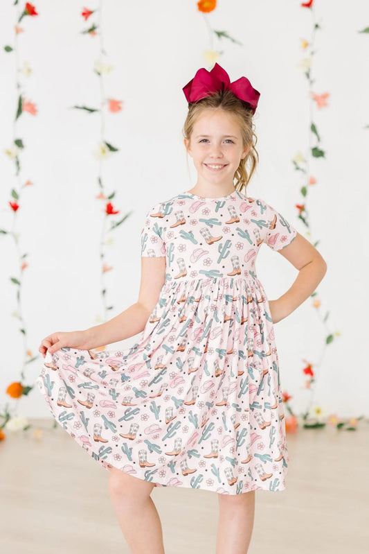 Cactus Cowgirl Short Sleeve Pocket Twirl Dress - Doodlebug's Children's Boutique