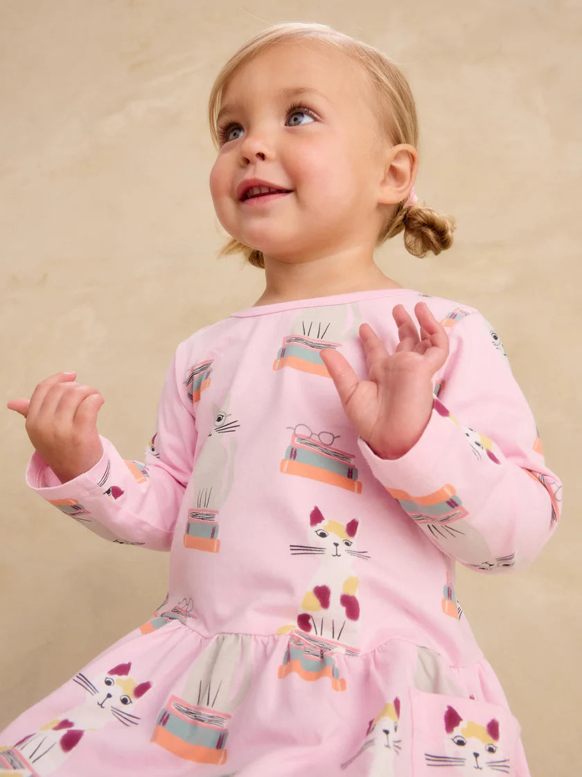 Long Sleeve Pocket Dress in Bookshop Cat