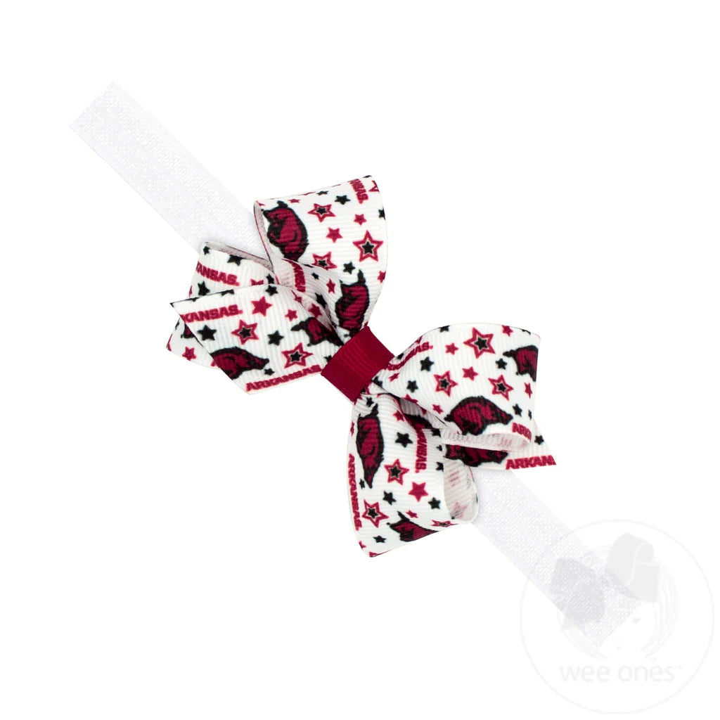 Arkansas Razorbacks Mini Print Grosgrain Hair Bow on Elastic Baby Band  - Doodlebug's Children's Boutique