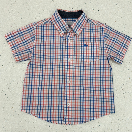 Destin Dress Shirt in Regatta Blue and Coral  - Doodlebug's Children's Boutique
