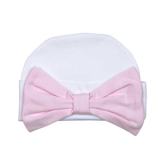 White Pima Beanie with Pink Bow - Doodlebug's Children's Boutique