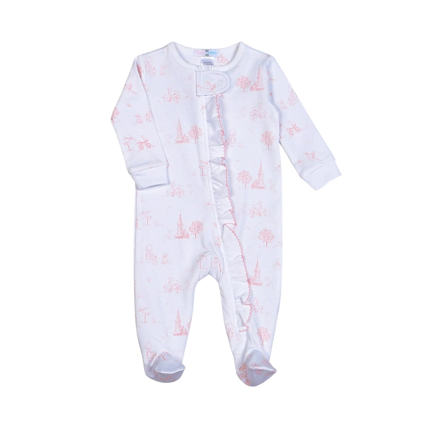 Pink Baby Toile Ruffle Zipper Footie