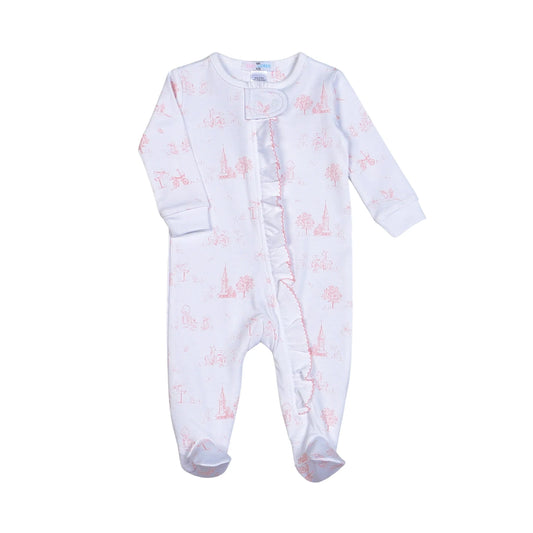 Pink Baby Toile Ruffle Zipper Footie - Doodlebug's Children's Boutique