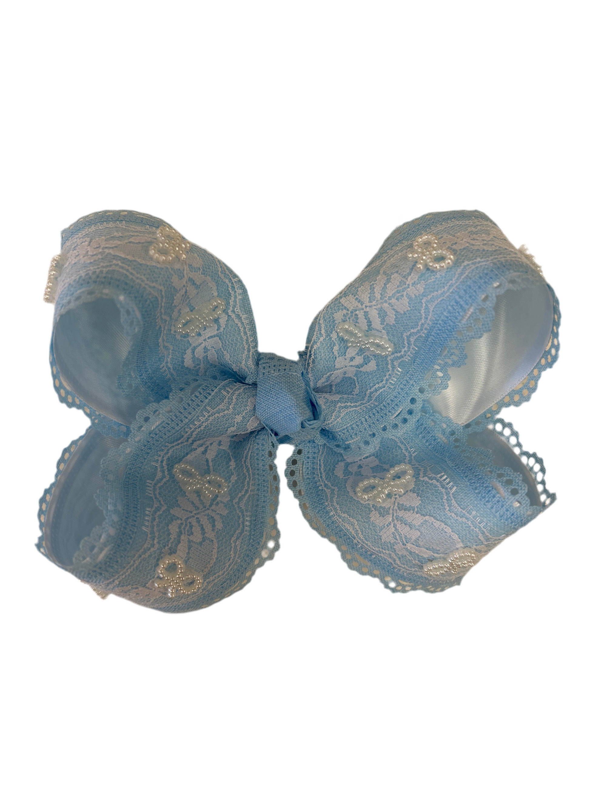 Blue Lace Layered Bow with Beads Alligator Clip - Doodlebug's Children's Boutique