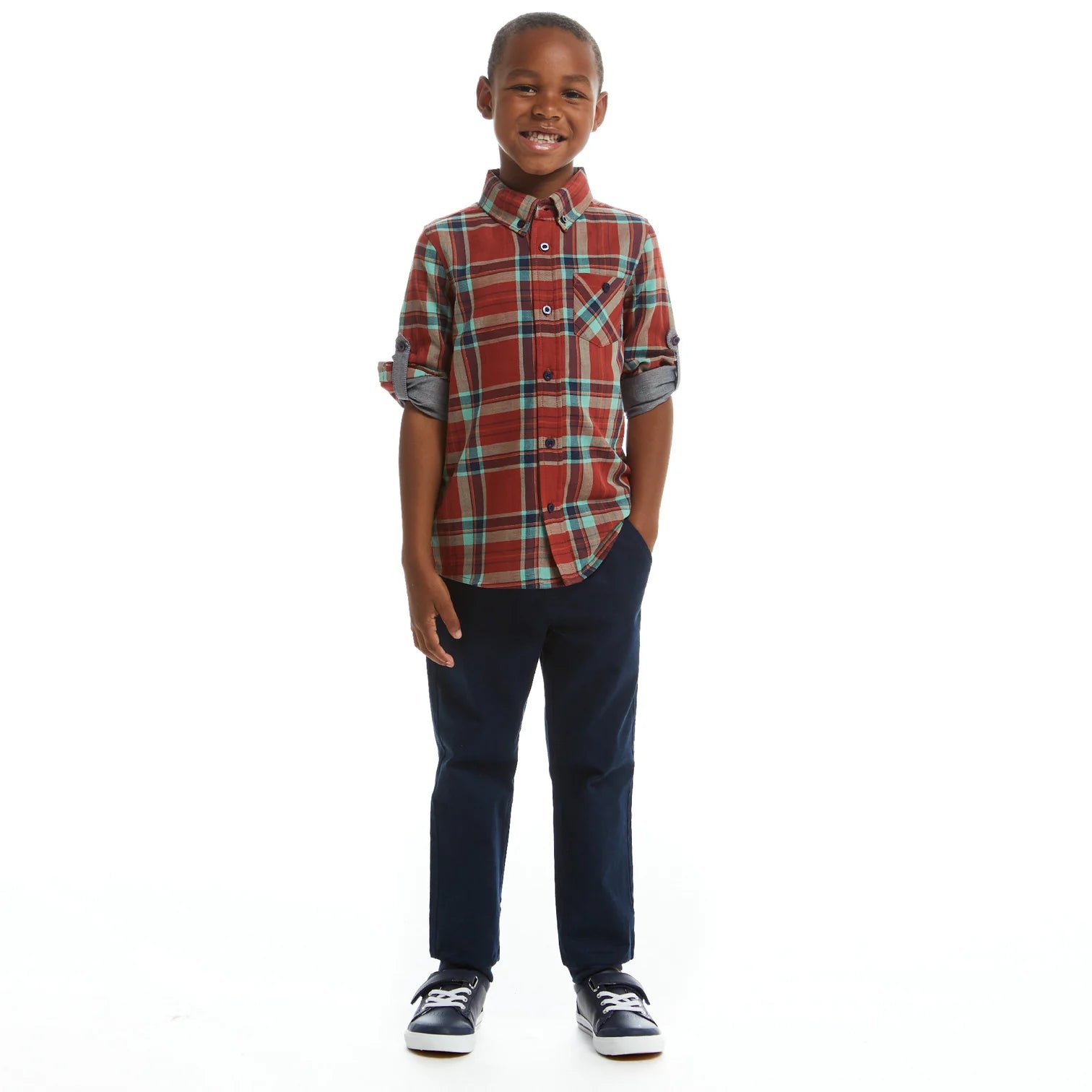 Two Piece Button Down Set in Rust Plaid  - Doodlebug's Children's Boutique