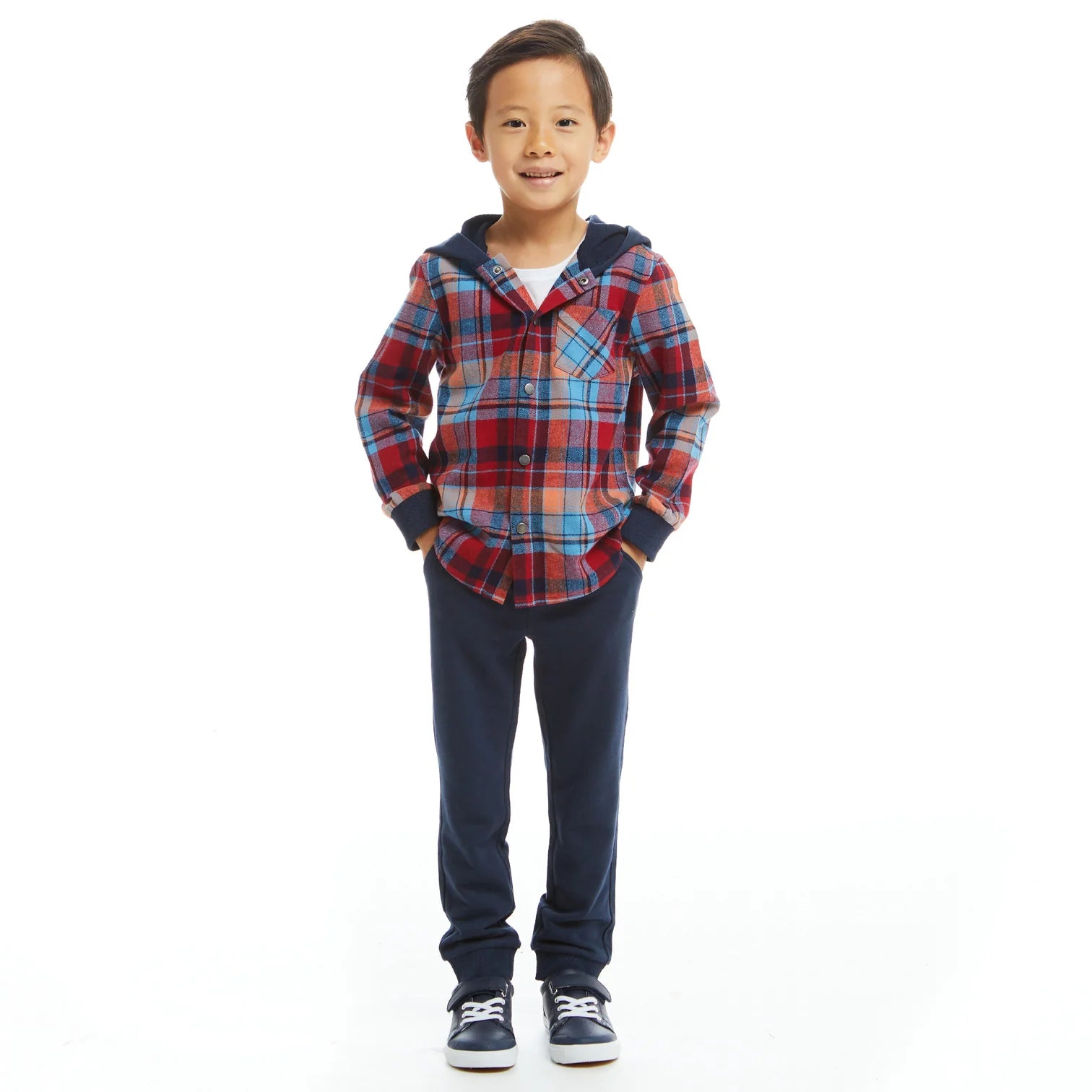 Hooded Flannel Button Down Set in Navy and Red Plaid  - Doodlebug's Children's Boutique