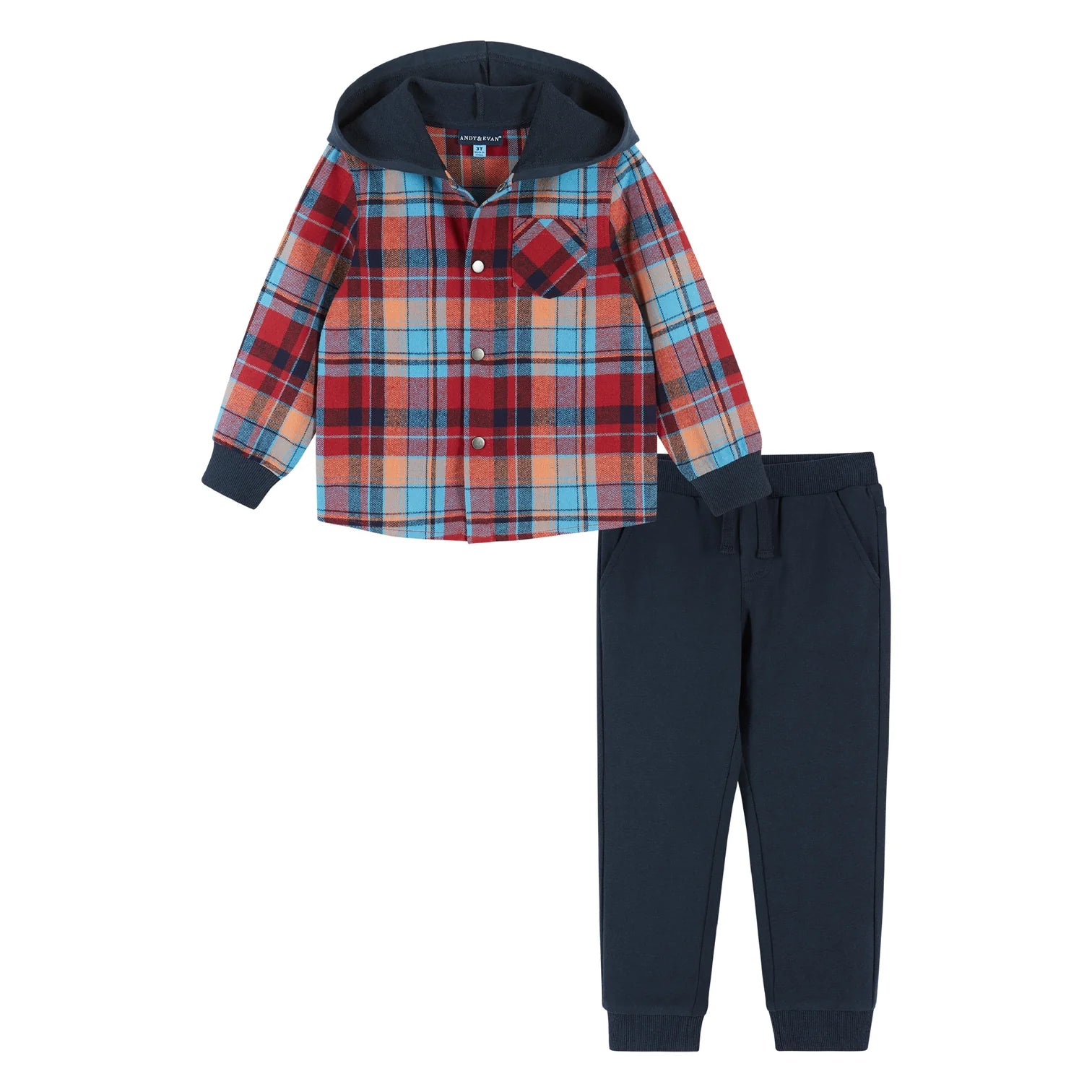 Hooded Flannel Button Down Set in Navy and Red Plaid  - Doodlebug's Children's Boutique