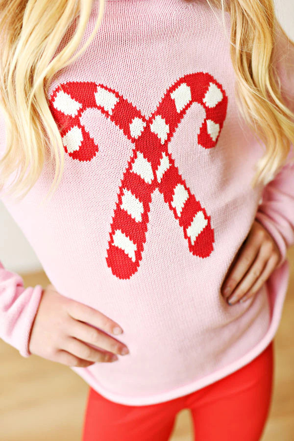 Candy Cane Rolled Neck Pink Sweater - Doodlebug's Children's Boutique