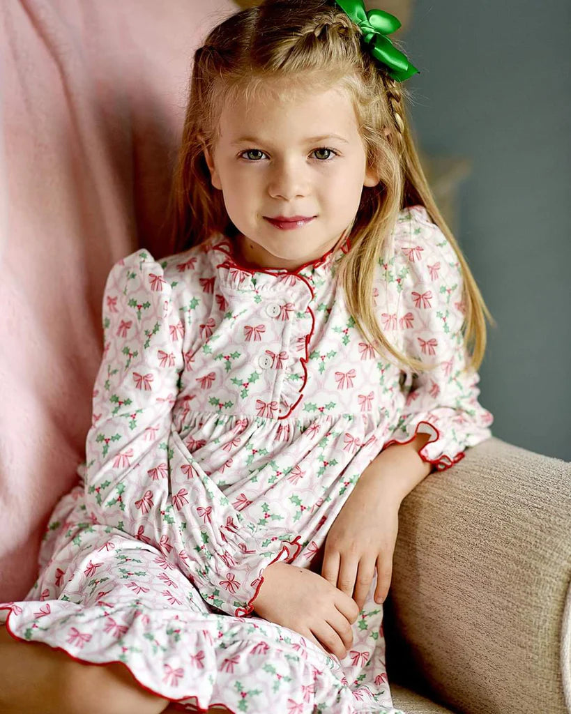 Holly Bow Watercolor Night Gown  - Doodlebug's Children's Boutique