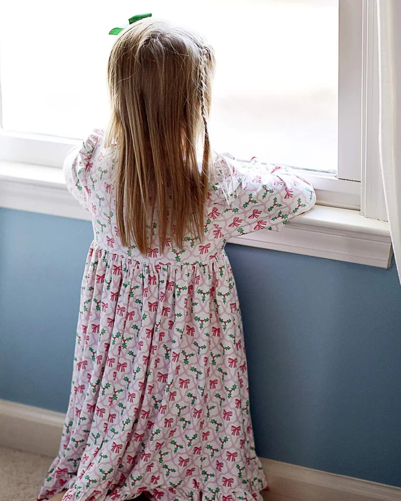 Holly Bow Watercolor Night Gown  - Doodlebug's Children's Boutique