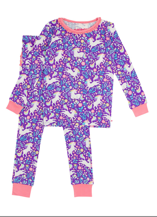 Ruffle Long Sleeve Pajama Set in Unicorn Meadow  - Doodlebug's Children's Boutique