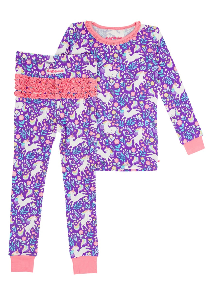 Ruffle Long Sleeve Pajama Set in Unicorn Meadow 2T - Doodlebug's Children's Boutique