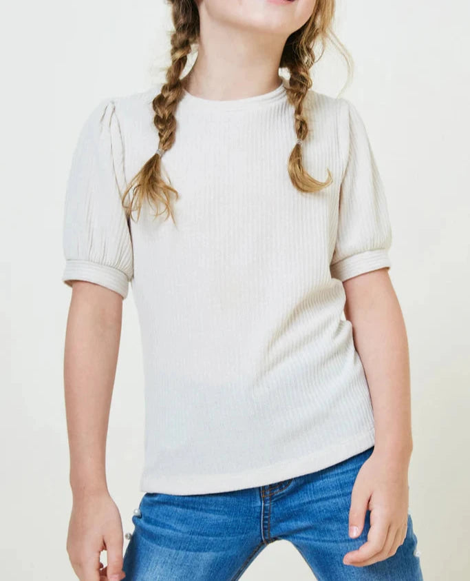 Oatmeal Ribbed Puff Sleeve Top  - Doodlebug's Children's Boutique