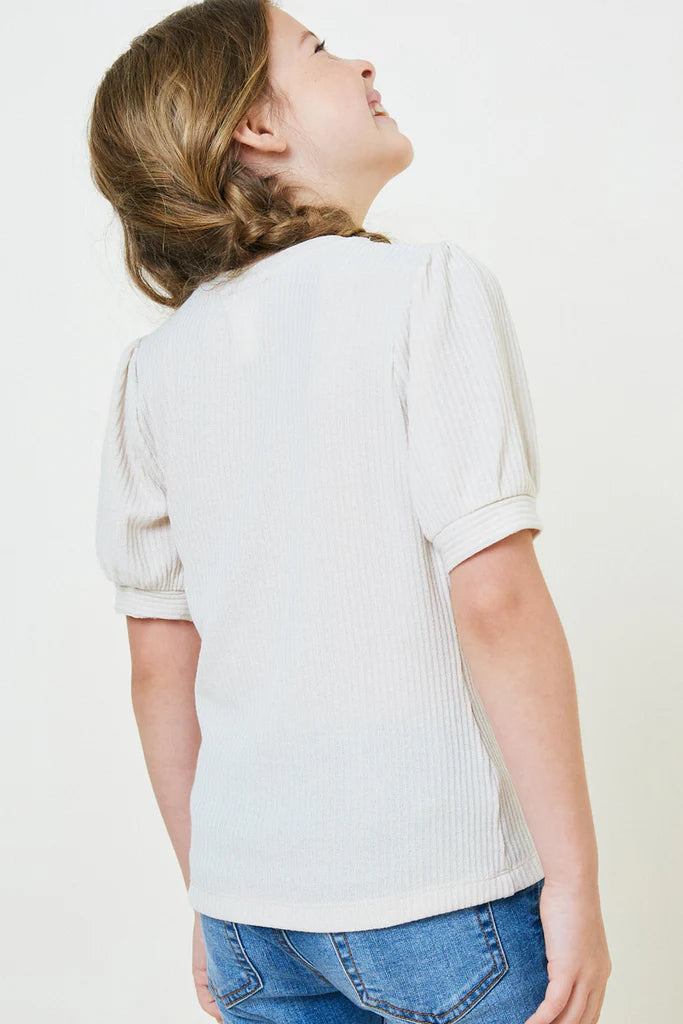 Oatmeal Ribbed Puff Sleeve Top  - Doodlebug's Children's Boutique