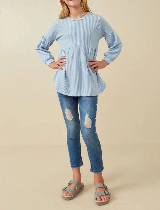 Baby Doll Knit Top in Light Blue  - Doodlebug's Children's Boutique