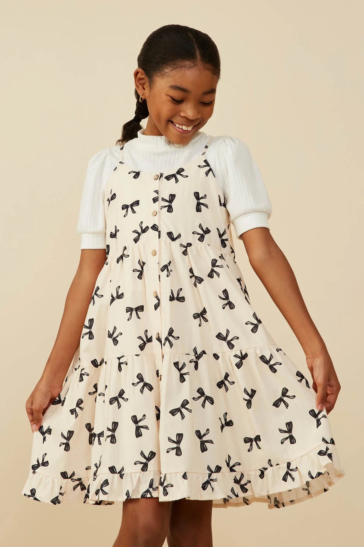 Bow Print Tiered Button Down Dress - Doodlebug's Children's Boutique