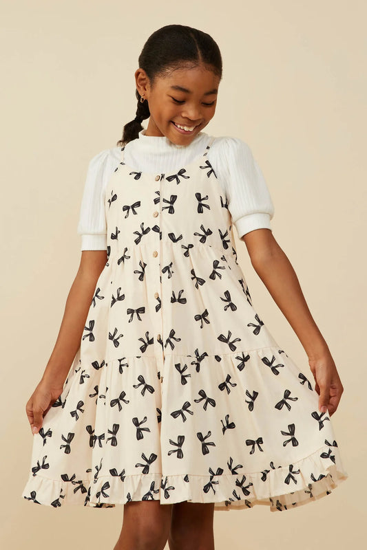 Bow Print Tiered Button Down Dress - Doodlebug's Children's Boutique
