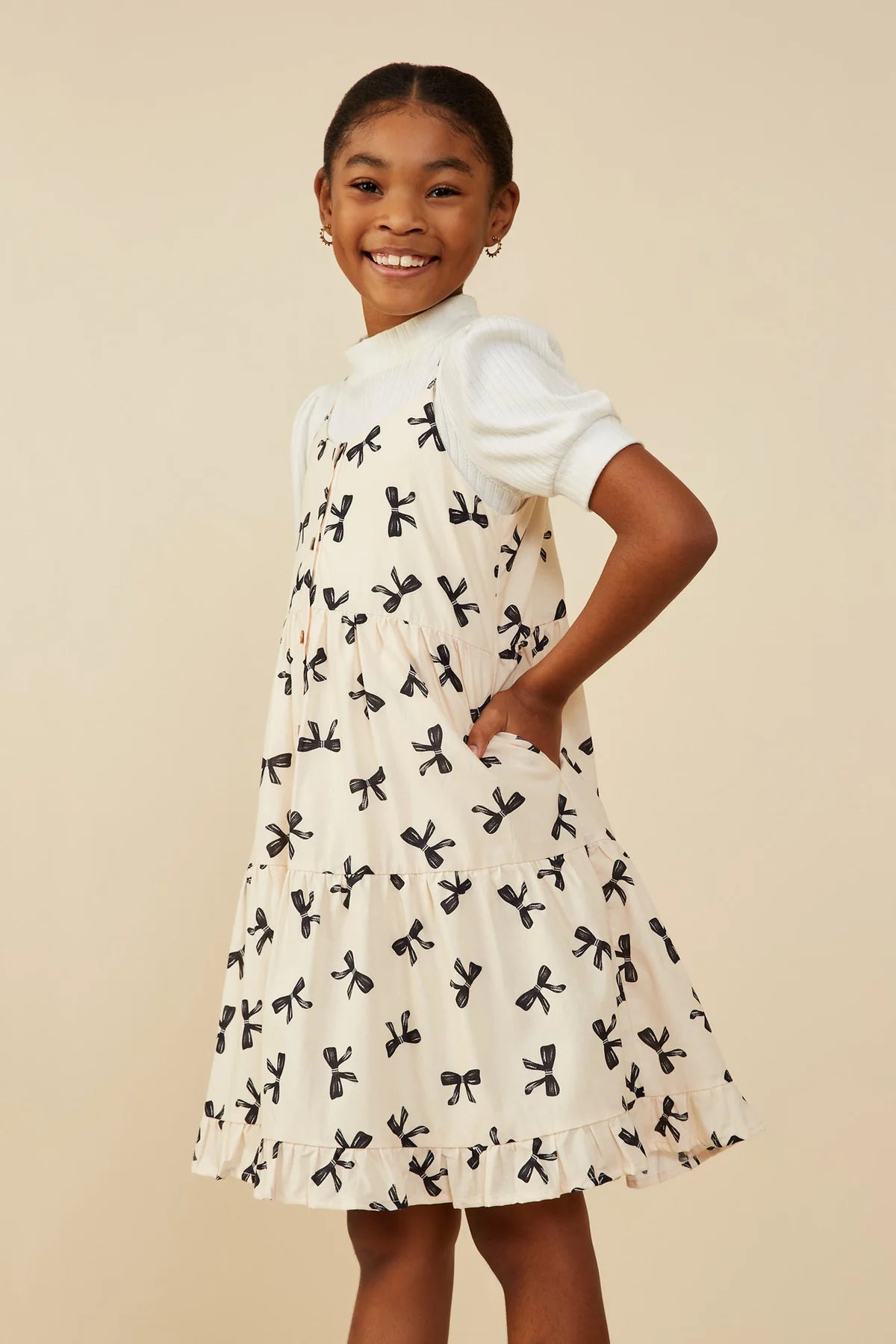 Bow Print Tiered Button Down Dress - Doodlebug's Children's Boutique