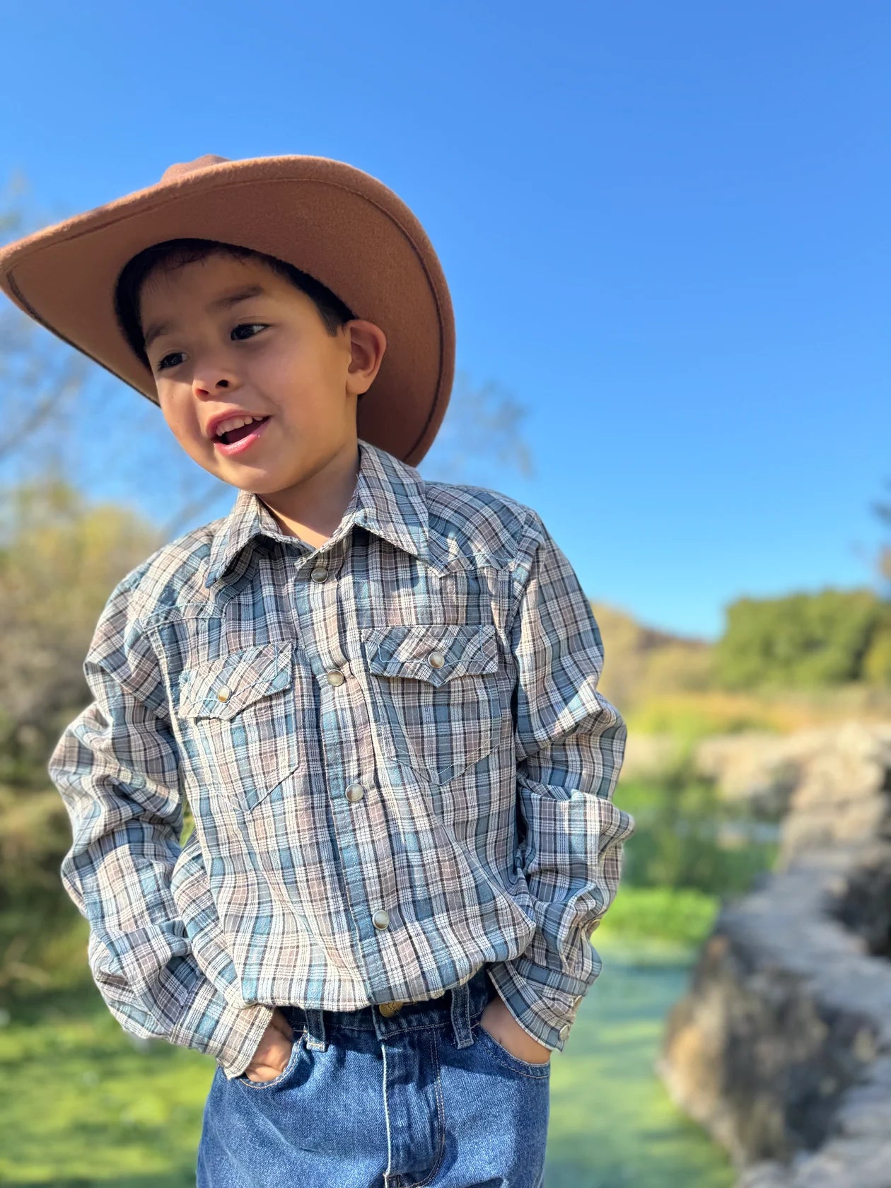 Blue & Cream Plaid Pearl Snap Shirt w/ FREE BOOK - Doodlebug's Children's Boutique