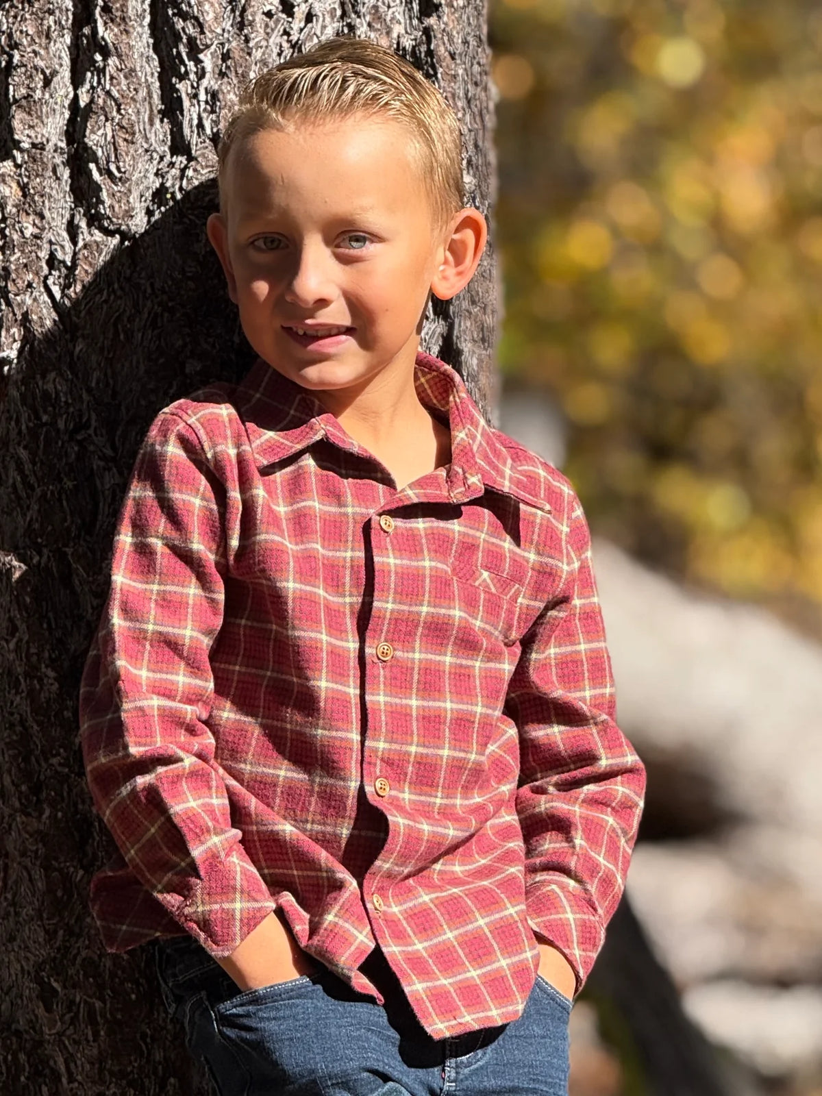 Red Washed Plaid Button Up Shirt w/ FREE BOOK - Doodlebug's Children's Boutique