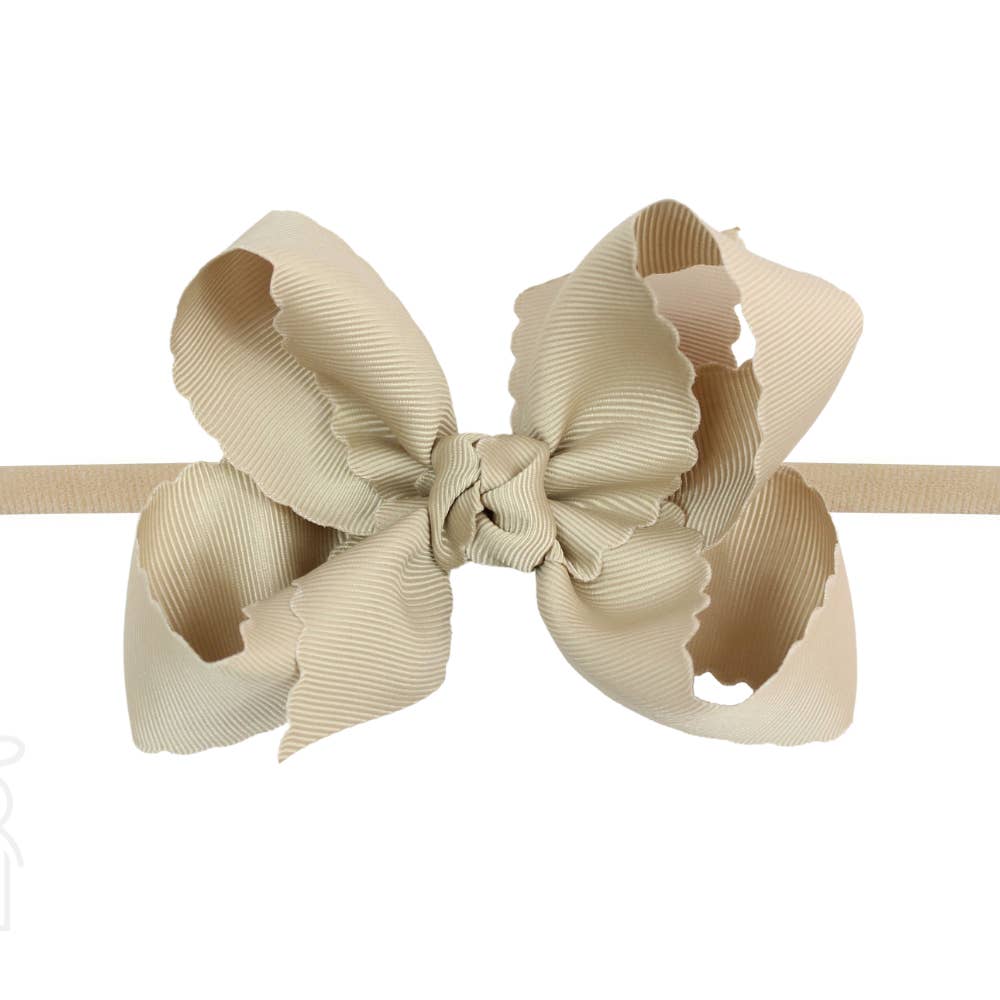 Nylon Headband with Large Scalloped Bow in Oatmeal - Doodlebug's Children's Boutique