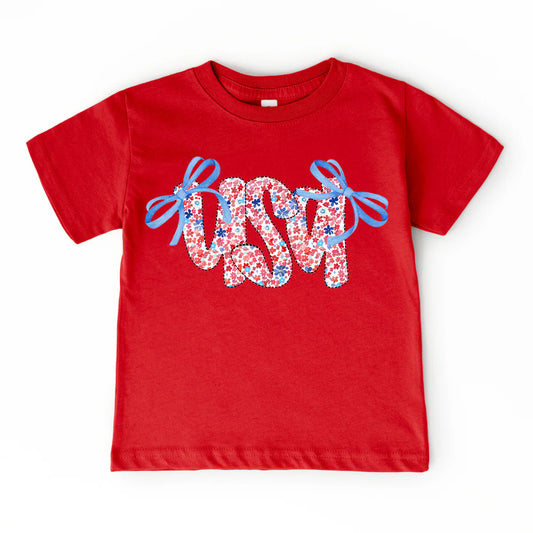 Floral USA Bow Shirt - Doodlebug's Children's Boutique