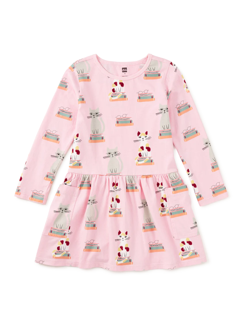 Long Sleeve Pocket Dress in Bookshop Cat
