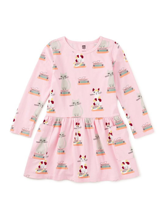 Long Sleeve Pocket Dress in Bookshop Cat - Doodlebug's Children's Boutique