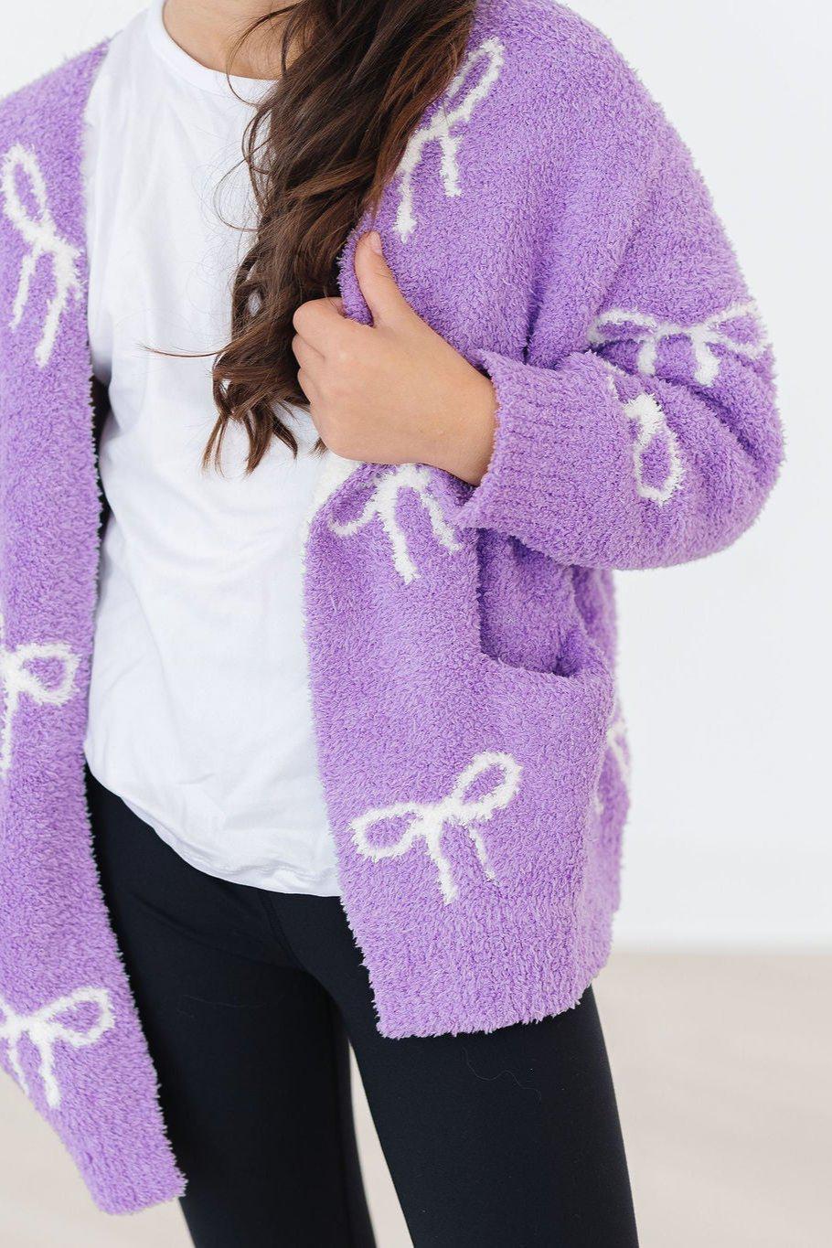 Lilac Bow Cozy Cardigan - Doodlebug's Children's Boutique