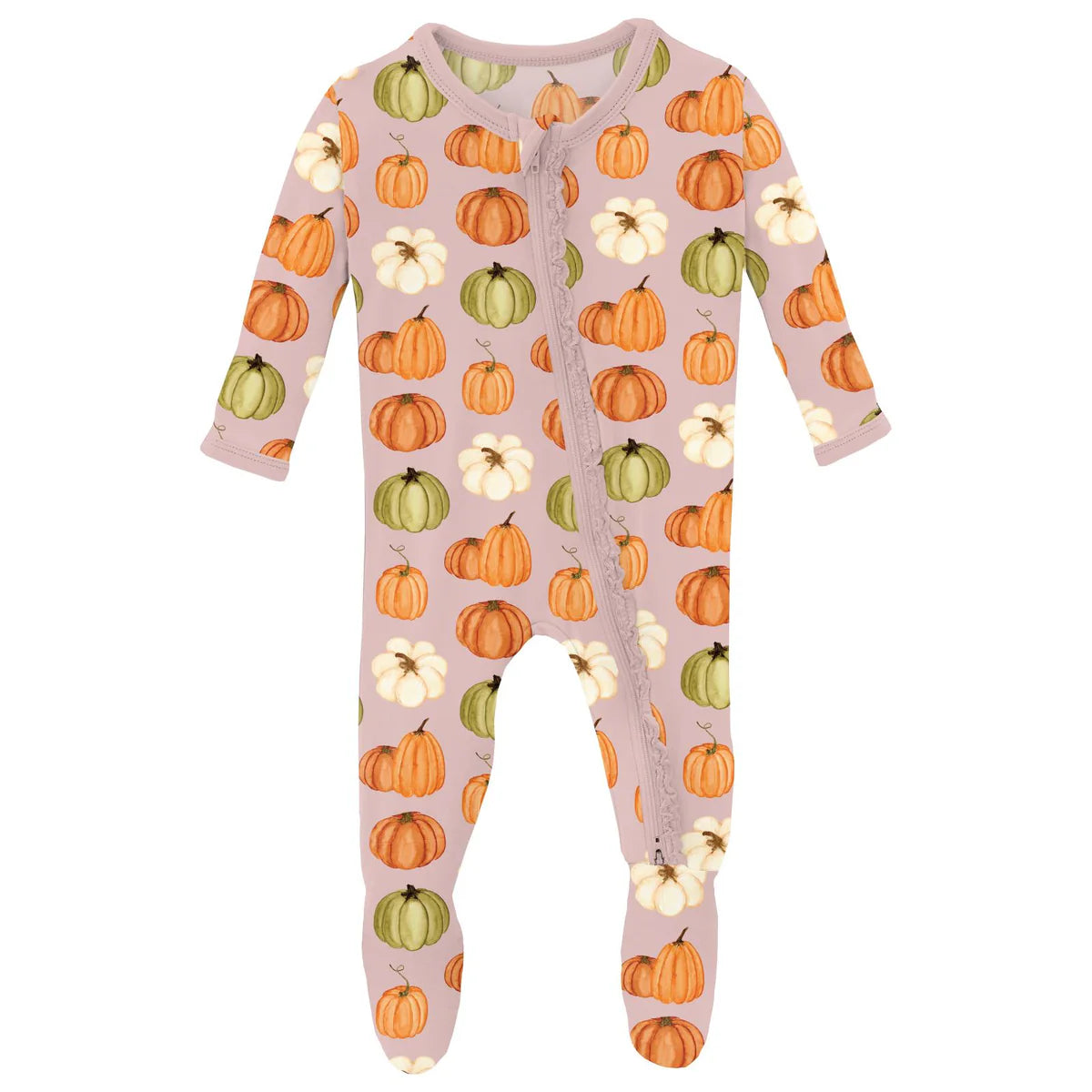 Print Muffin Ruffle Footie with 2 Way Zipper in Baby Rose Pumpkin Patch - Doodlebug's Children's Boutique