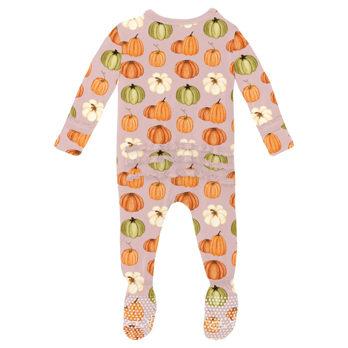 Print Muffin Ruffle Footie with 2 Way Zipper in Baby Rose Pumpkin Patch - Doodlebug's Children's Boutique