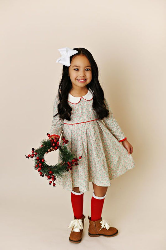 Holiday Ditsy Proper Picot Pleat Dress  - Doodlebug's Children's Boutique