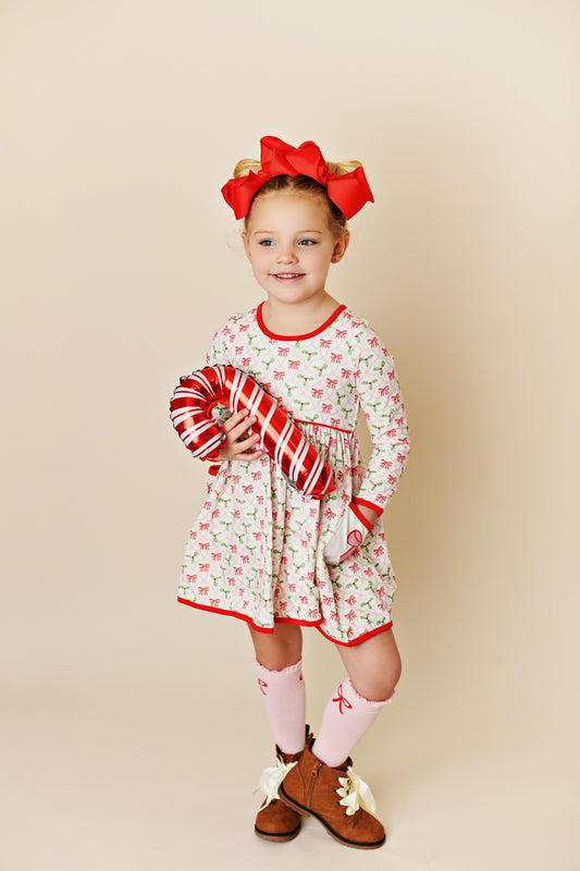 Holly Bow Watercolor Embroidery Pocket Dress  - Doodlebug's Children's Boutique