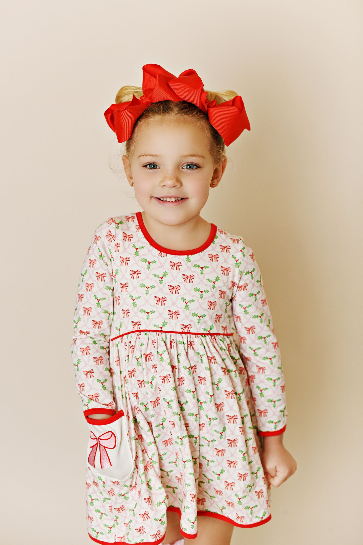 Holly Bow Watercolor Embroidery Pocket Dress  - Doodlebug's Children's Boutique